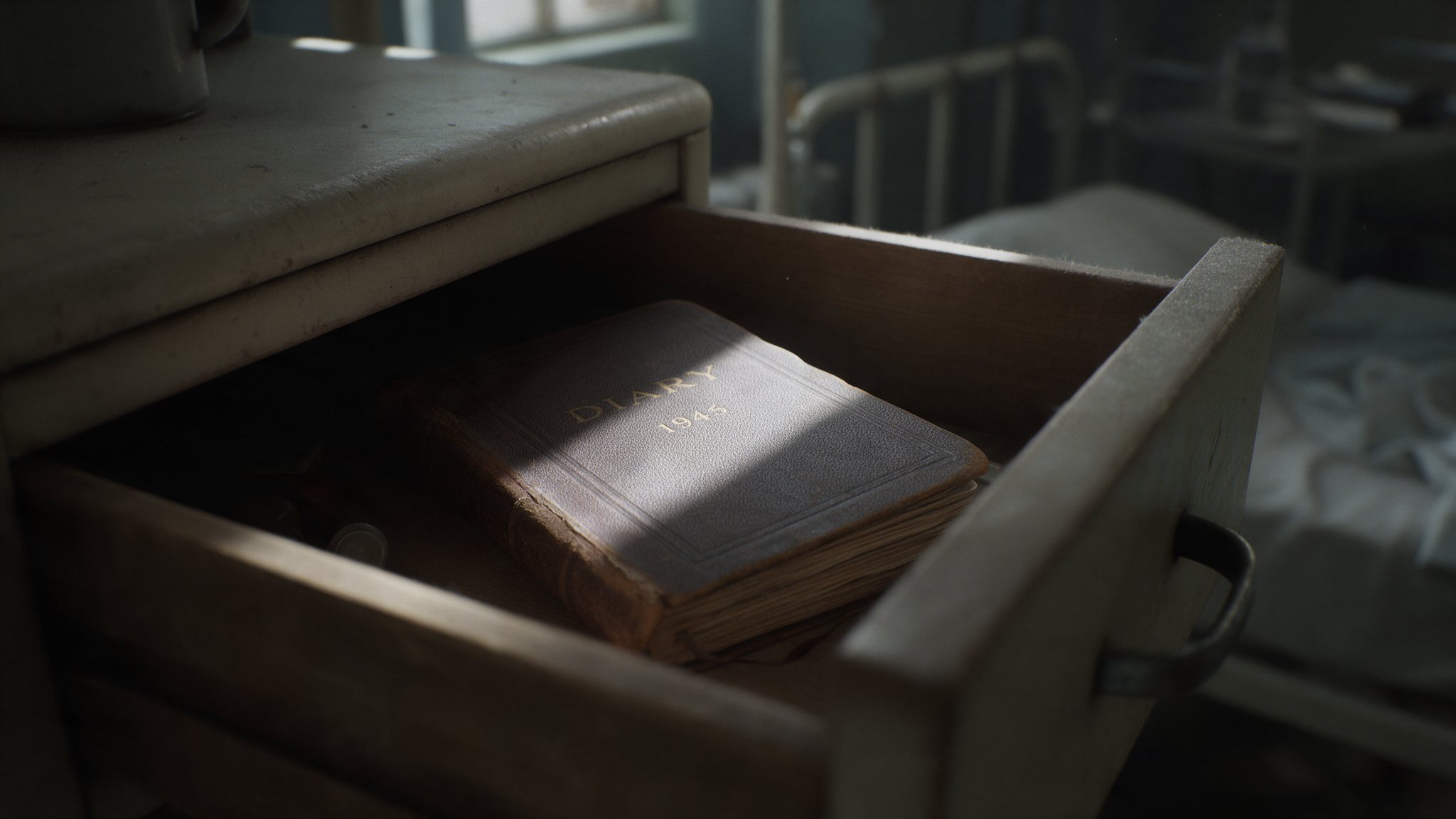 Reconstruction: a worn leather diary lying in a half-open dresser drawer in a dim hospital room