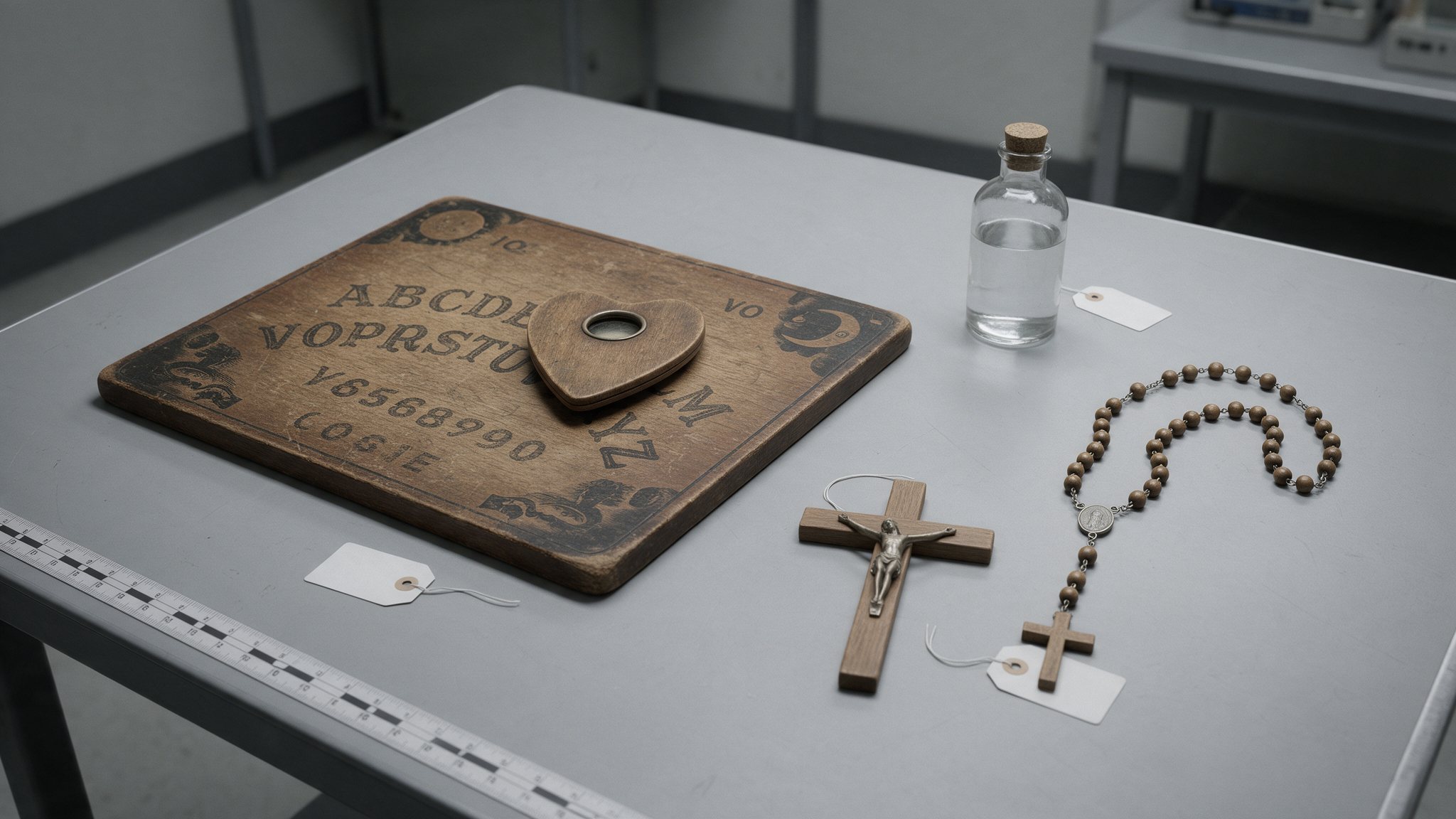 Reconstruction: a talking board, crucifix, rosary and a small bottle of water laid out on an evidence table