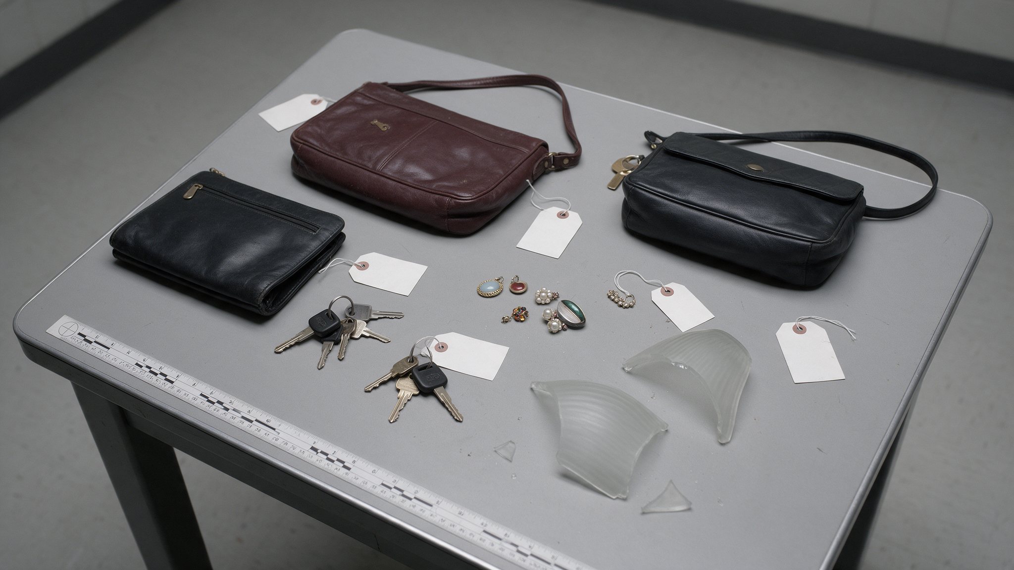 Reconstruction: three purses, sets of keys, jewelry and shards of a glass light shade laid out on an evidence table