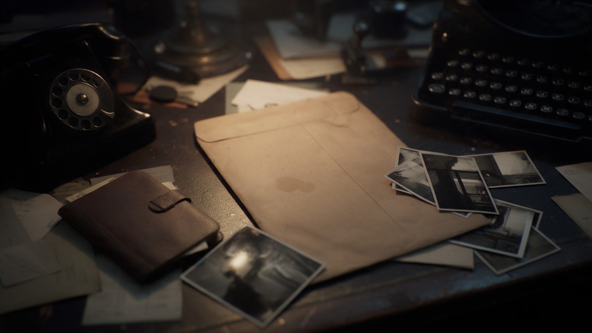 Reconstruction: a worn manila envelope, a small address book and loose photographs on a 1940s newsroom desk beside a black telephone and a typewriter