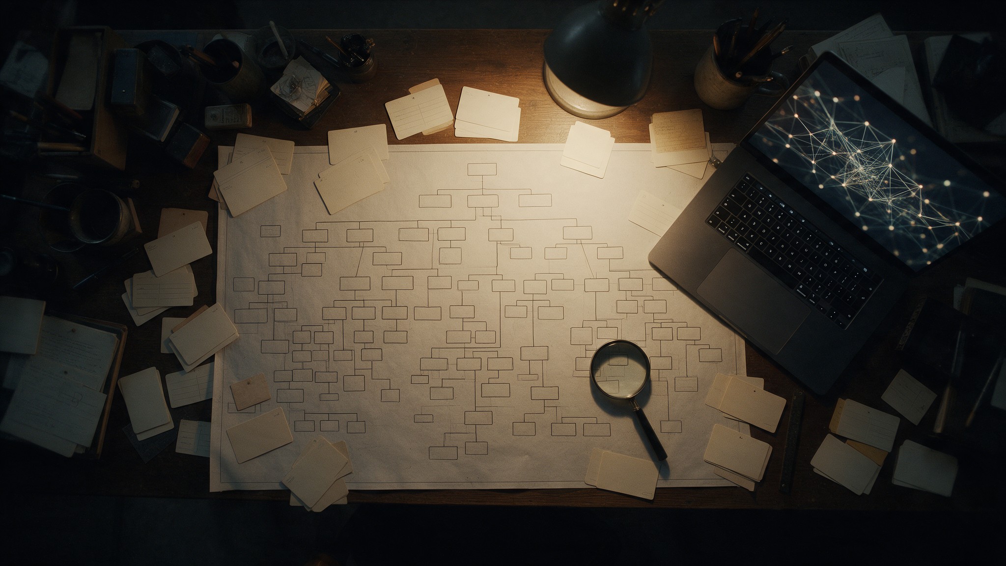 Reconstruction: a large hand-drawn family tree on a desk with index cards, a magnifying glass and a laptop showing an abstract network graph
