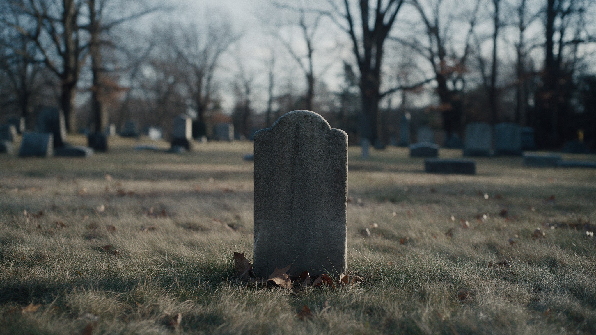Reconstruction: a small weathered headstone in winter grass at a quiet old cemetery, bare trees behind it