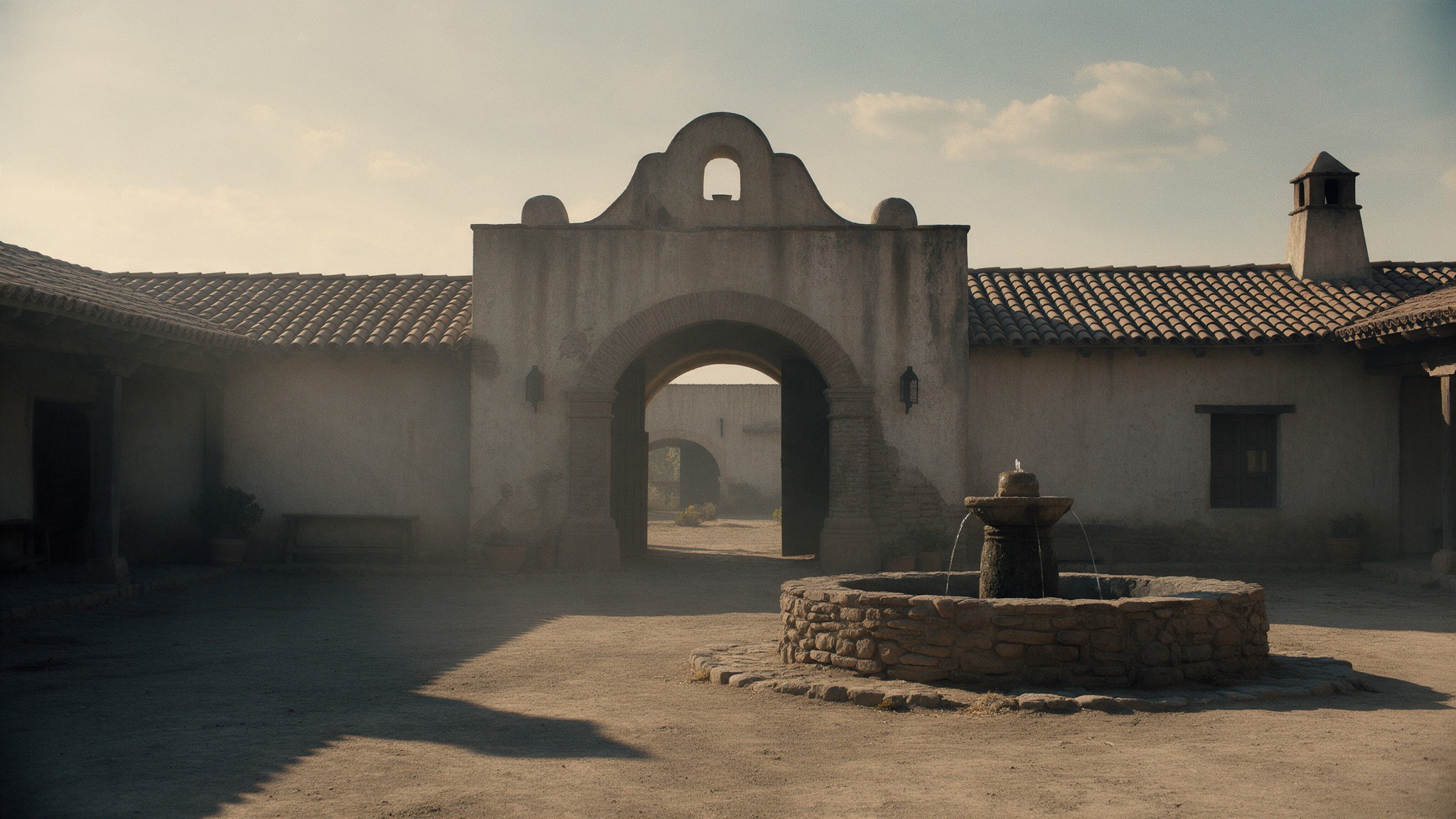 Reconstruction: the weathered adobe courtyard of a large Mexican hacienda in warm late light, an arched gateway and a dry fountain