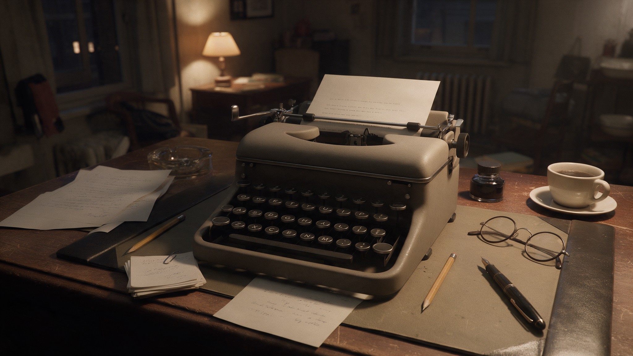Reconstruction: a 1940s portable typewriter with a sheet in the roller on a worn wooden desk, with loose notes, pencils, a fountain pen, round glasses, an ink bottle, a coffee cup and an ashtray, in lamplight