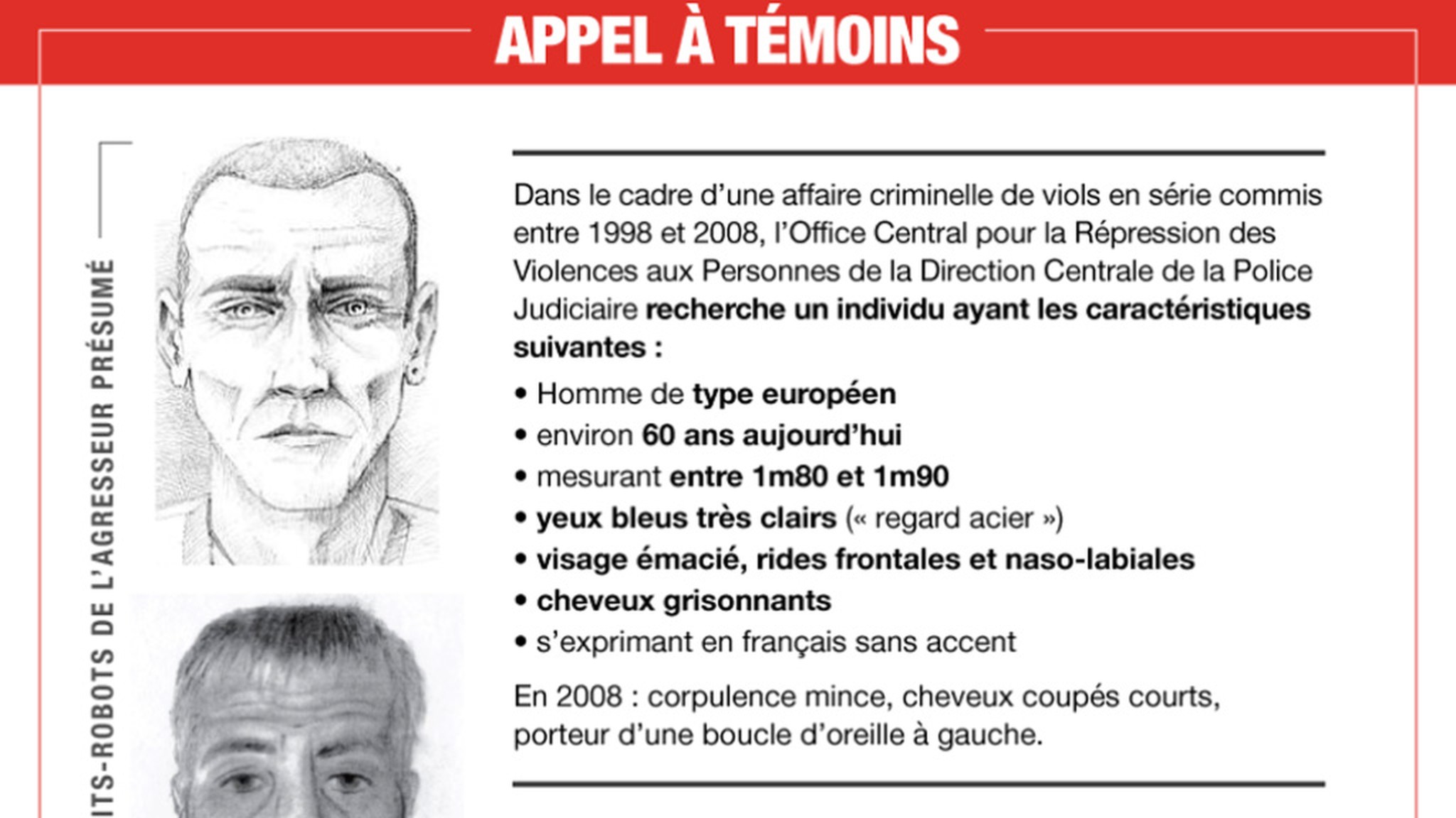 Police witness appeal notice for the Paris-region serial rape case of 1998 to 2008, with two sketched portraits of the then-unidentified attacker