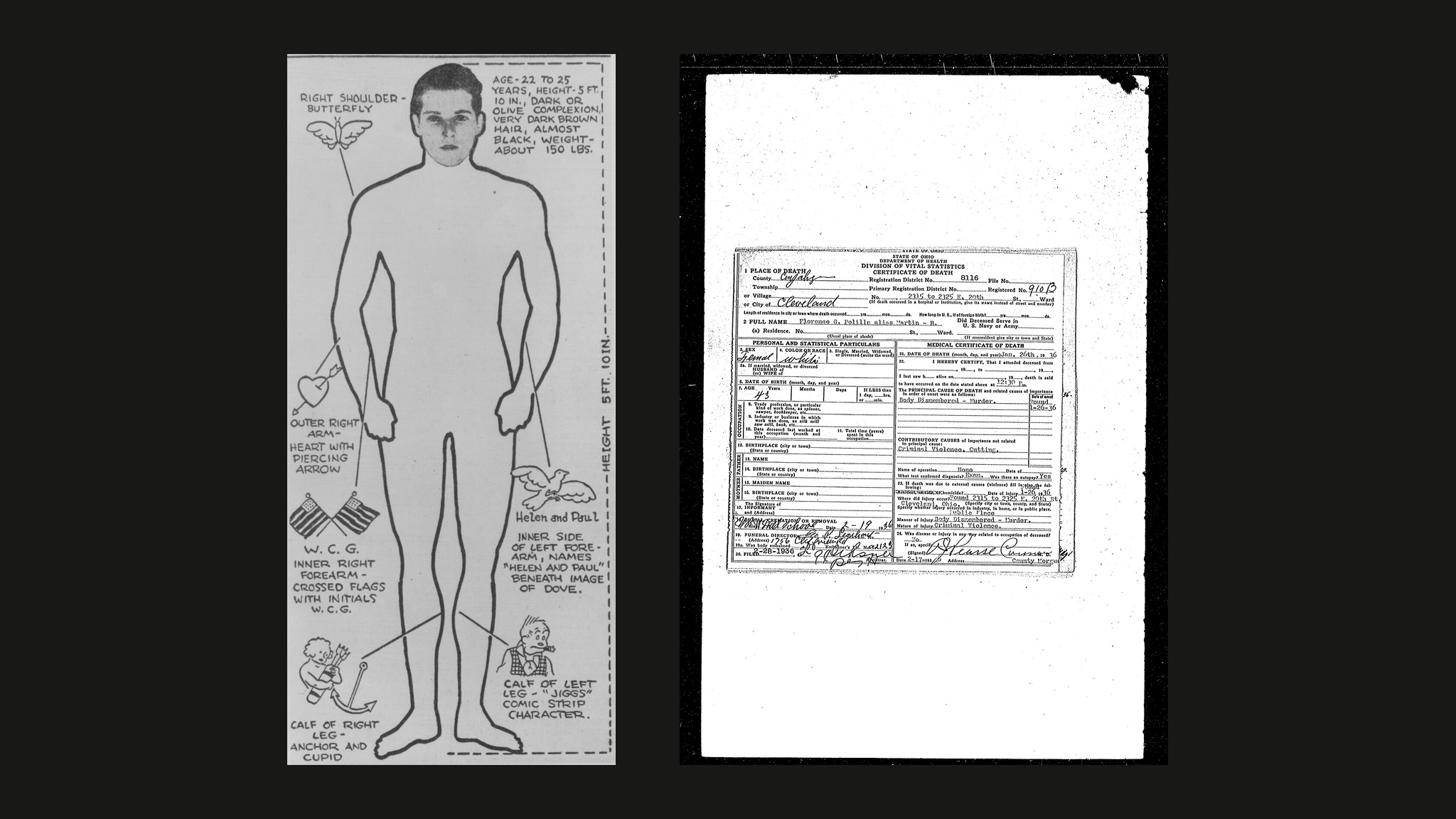 Archival material: a 1930s newspaper chart of the tattoos on an unidentified victim, beside a Cleveland death certificate