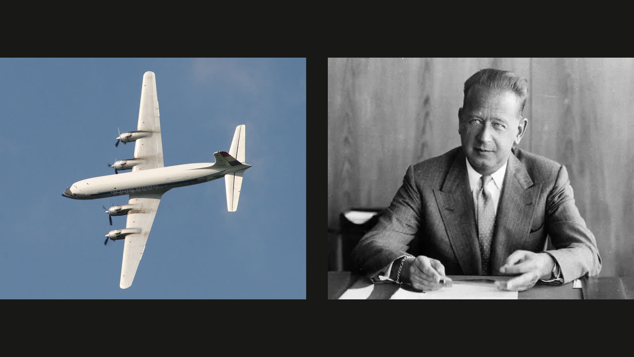 Archival and press photographs: a Transair Sweden DC-6 in flight, and Dag Hammarskjöld at his desk