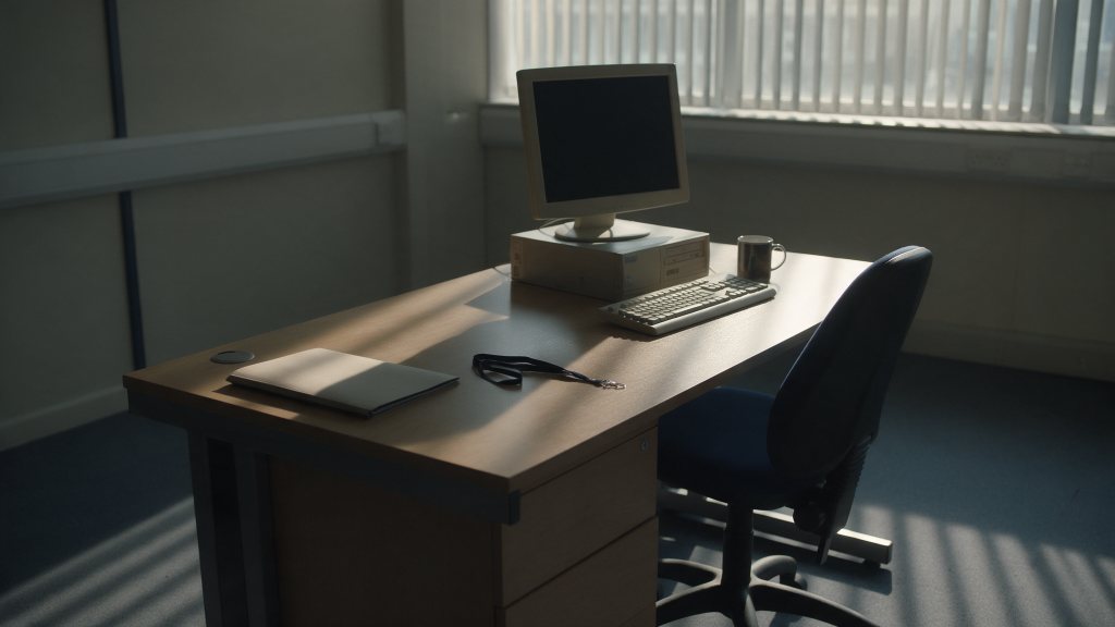 Reconstruction: an empty office desk with a dark monitor and a lanyard