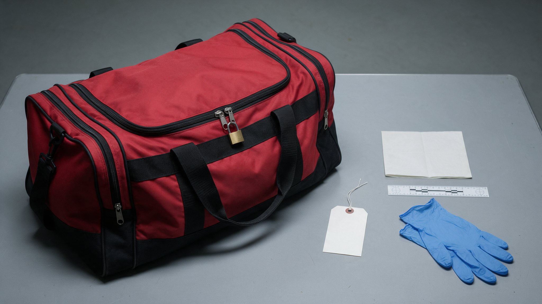 Reconstruction: a red holdall with a small padlock through its zips, on an evidence table with a tag and gloves