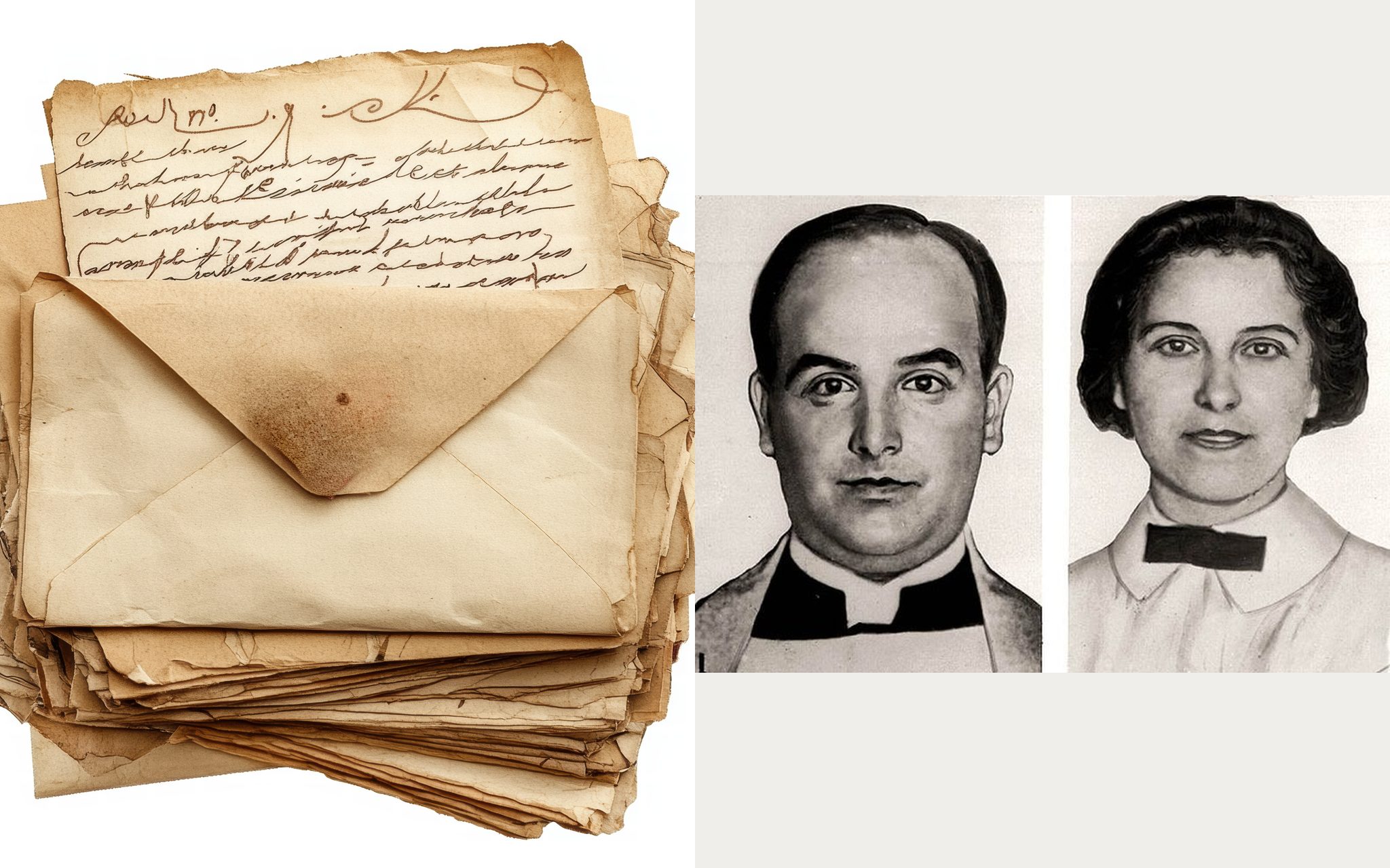 A stack of aged love letters in worn envelopes beside archival portraits of Rev. Edward Hall and Eleanor Mills