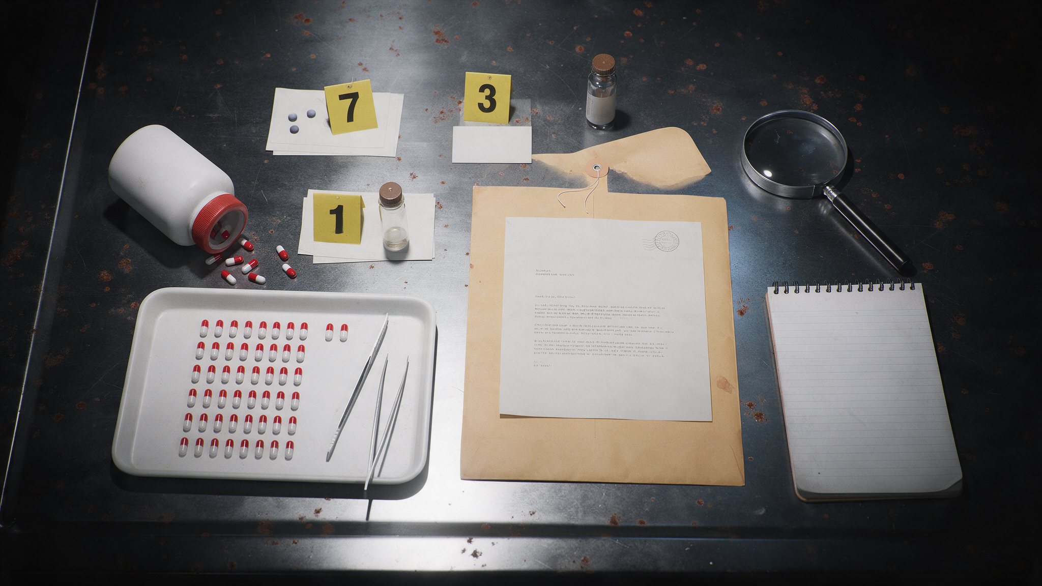An overhead table of evidence: tagged pill bottles, loose capsules, an envelope with a typed letter and a small chemistry book