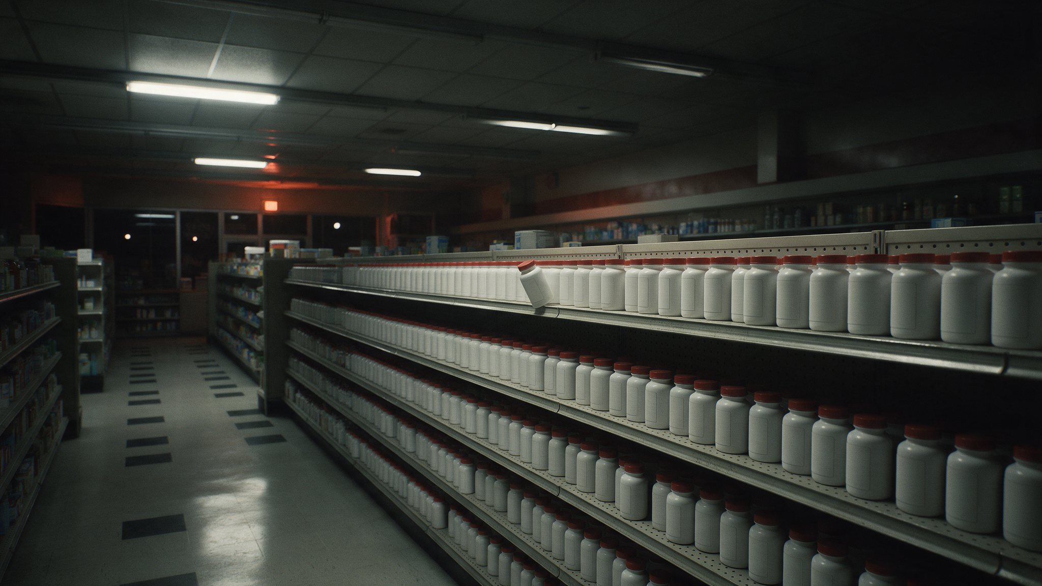 A dim drugstore aisle at night, shelves packed with white pill bottles under fluorescent light