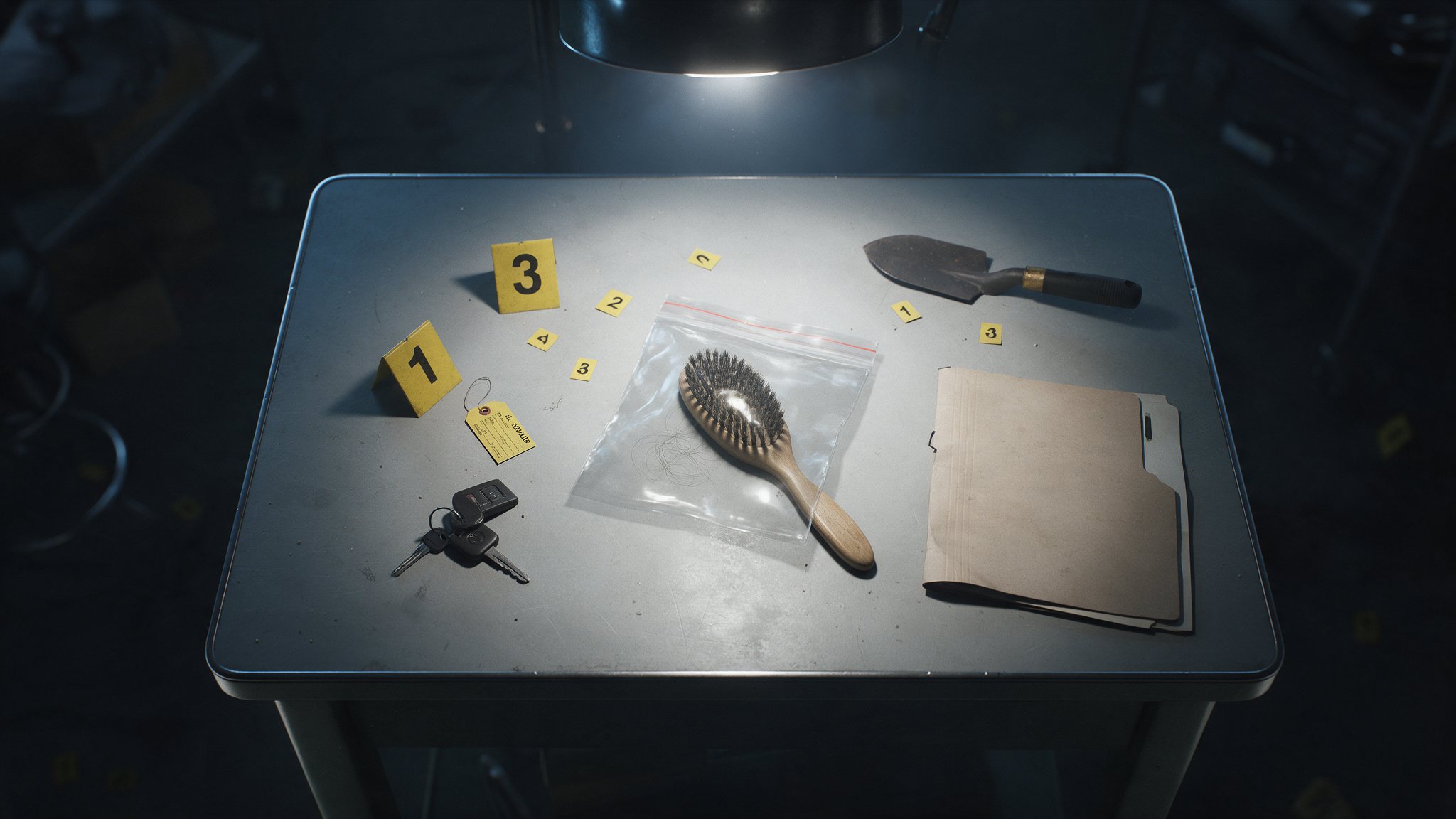 A hairbrush sealed in an evidence bag beside numbered markers, car keys, a trowel and a manila file on a steel table